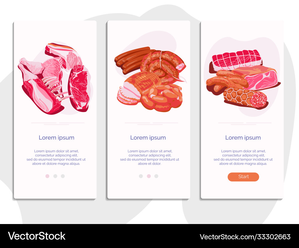 Fresh meat products onboarding screens set Vector Image
