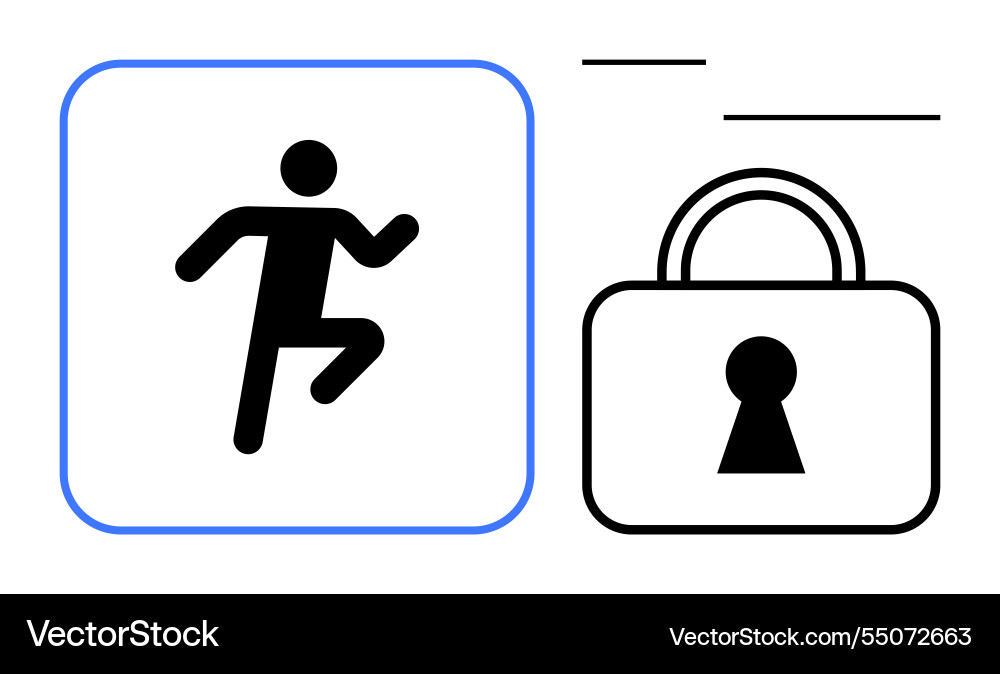 Stick figure running and padlock icon representing Stick figure running and padlock icon representing vector image