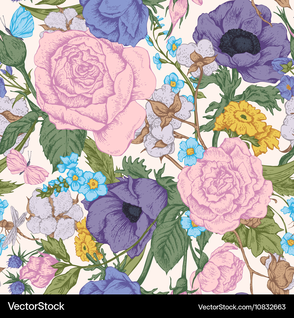Vintage Floral Anemone Rose Pattern Vector Image