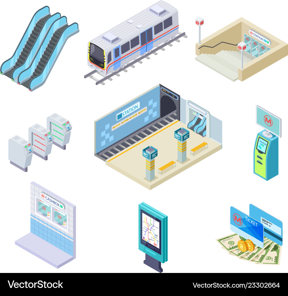 Isometric metro elements subway train station Vector Image