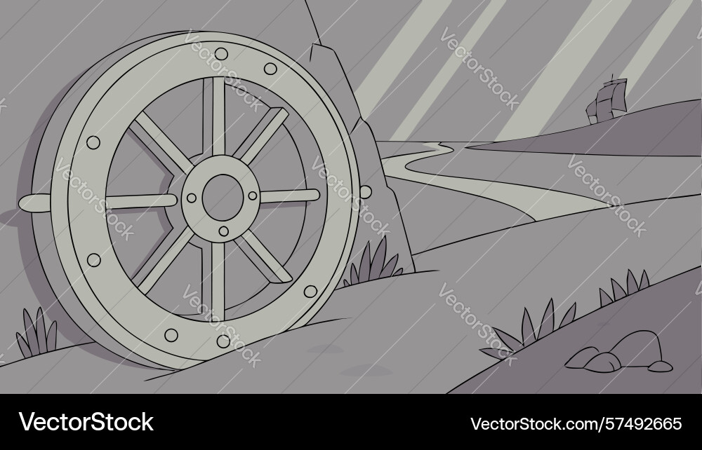 Ancient wheel on path towards distant structure vector image