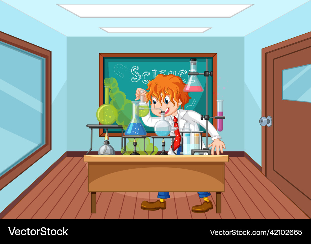 Classroom scene with scientist doing experiment Classroom scene with scientist doing experiment vector image