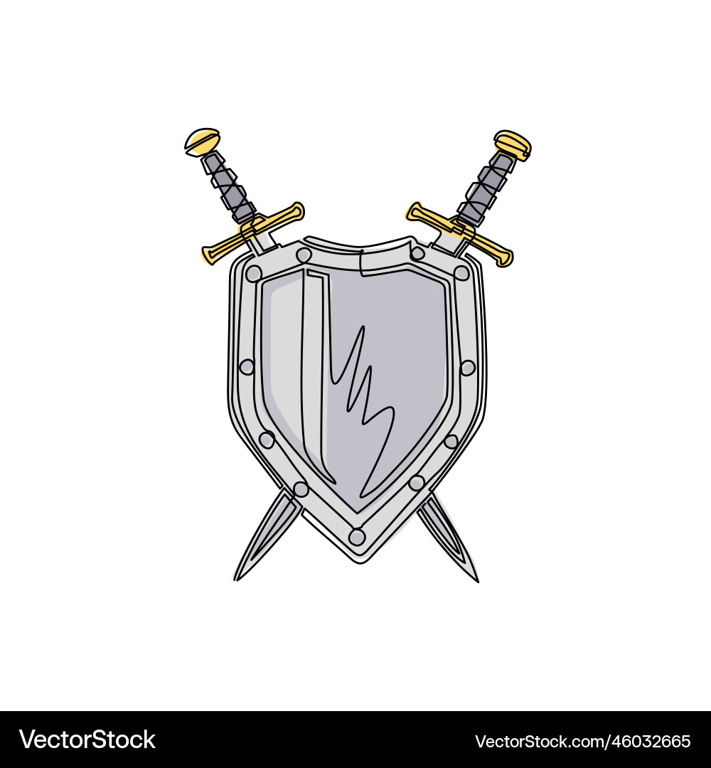Continuous one line drawing shield and crossed Continuous one line drawing shield and crossed vector image