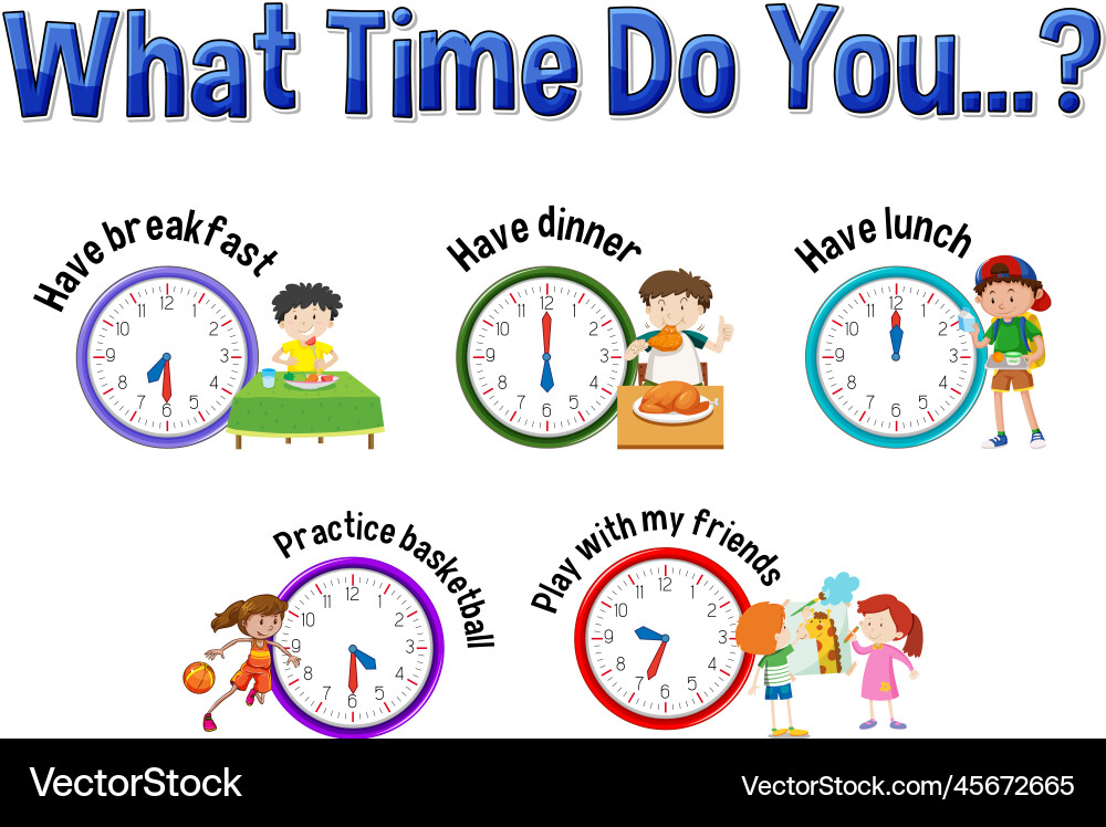 Daily routine with time and cartoon characters vector image
