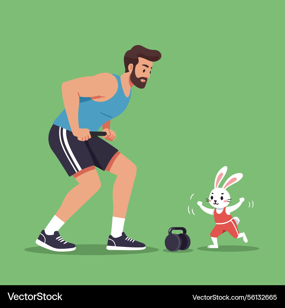 Man exercising with exercise bar and bunny vector image