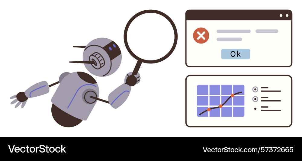 Robot inspector analyzing data and error Vector Image