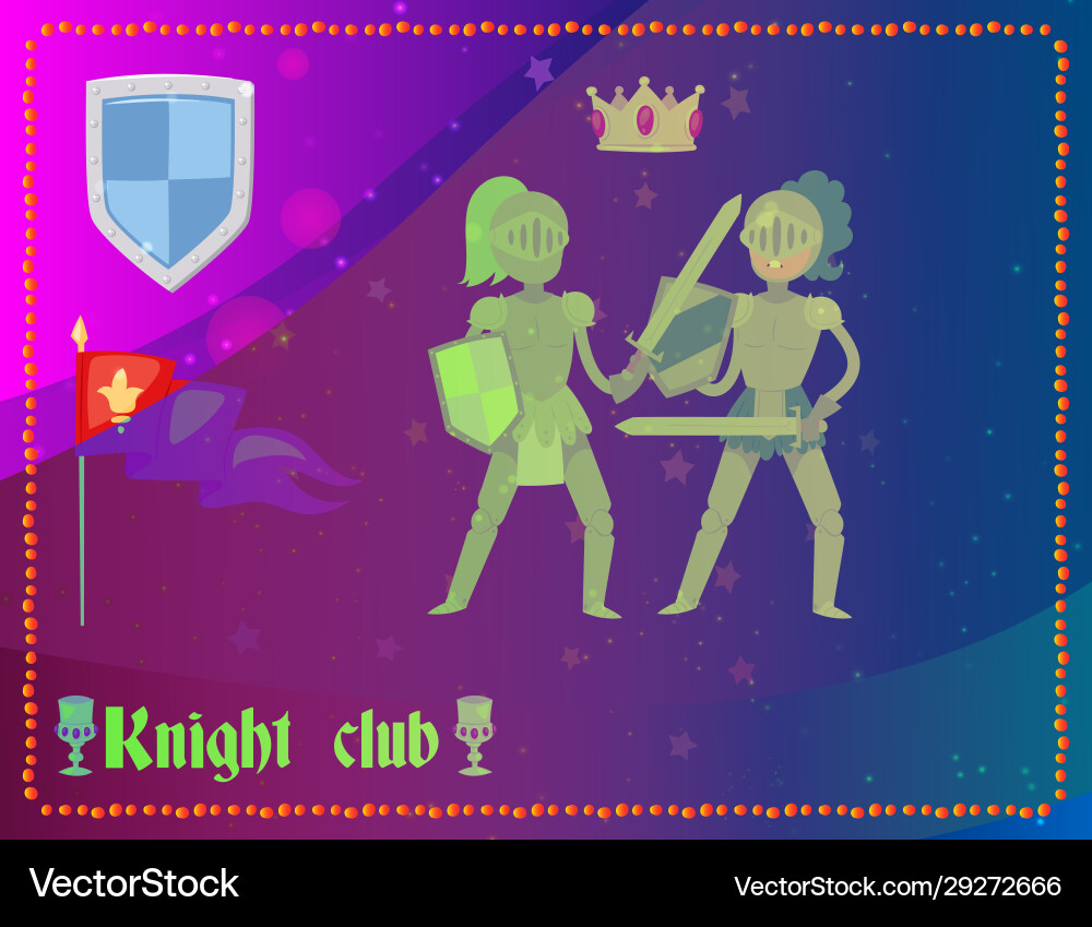 Cartoon knights in full armor fighting club flag Cartoon knights in full armor fighting club flag vector image