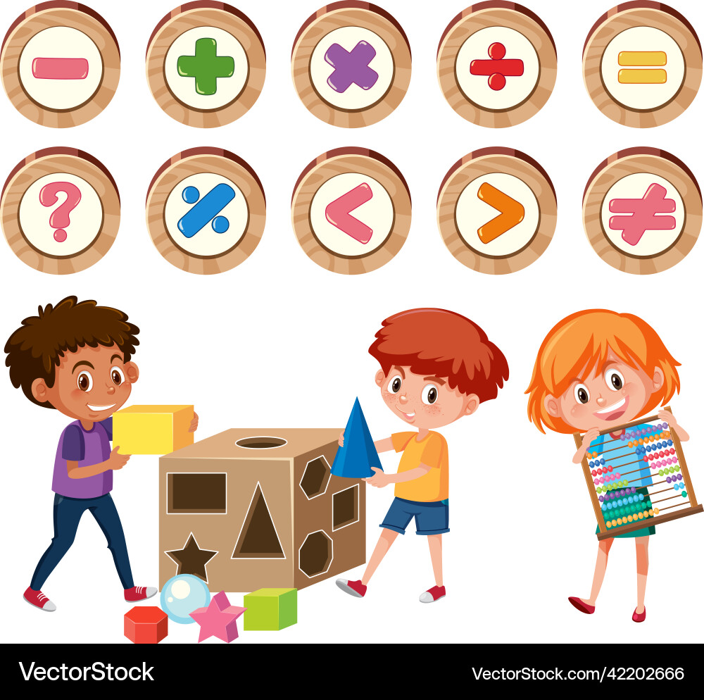 Math classroom objects with supplies and students Math classroom objects with supplies and students vector image