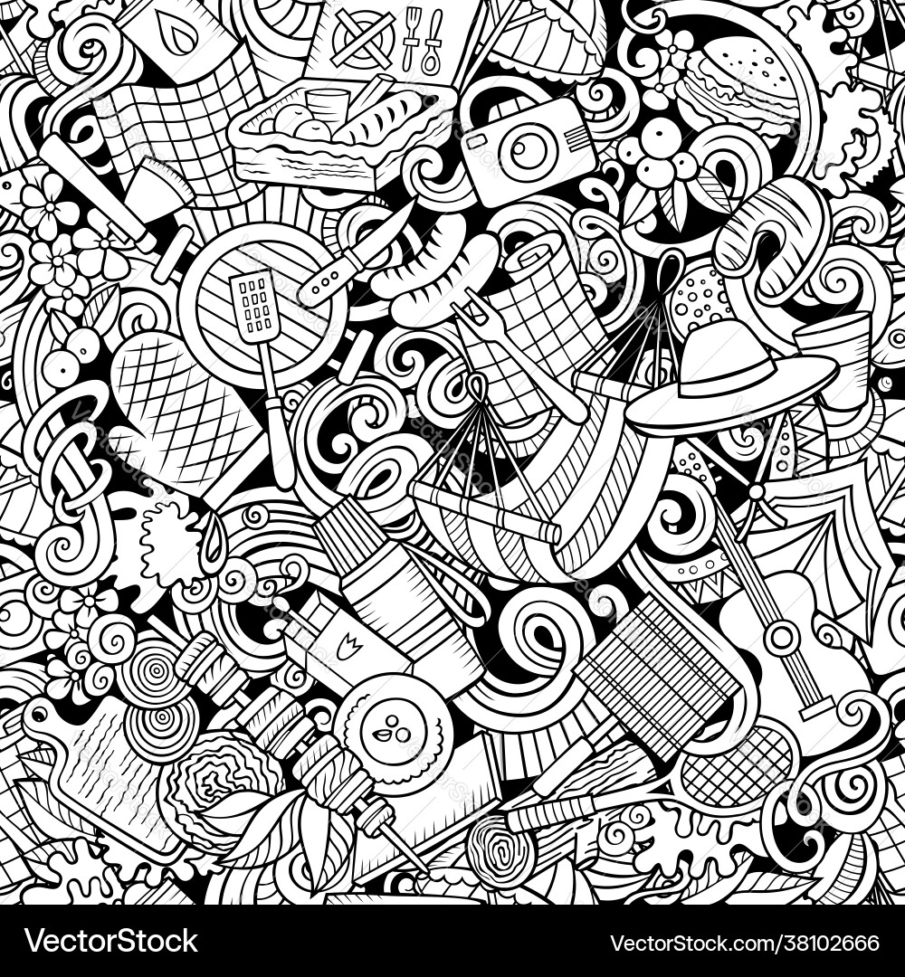 Picknick Hand gezogen Doodles nahtlose Muster bbq Picknick Hand gezogen Doodles nahtlose Muster bbq vektorbild