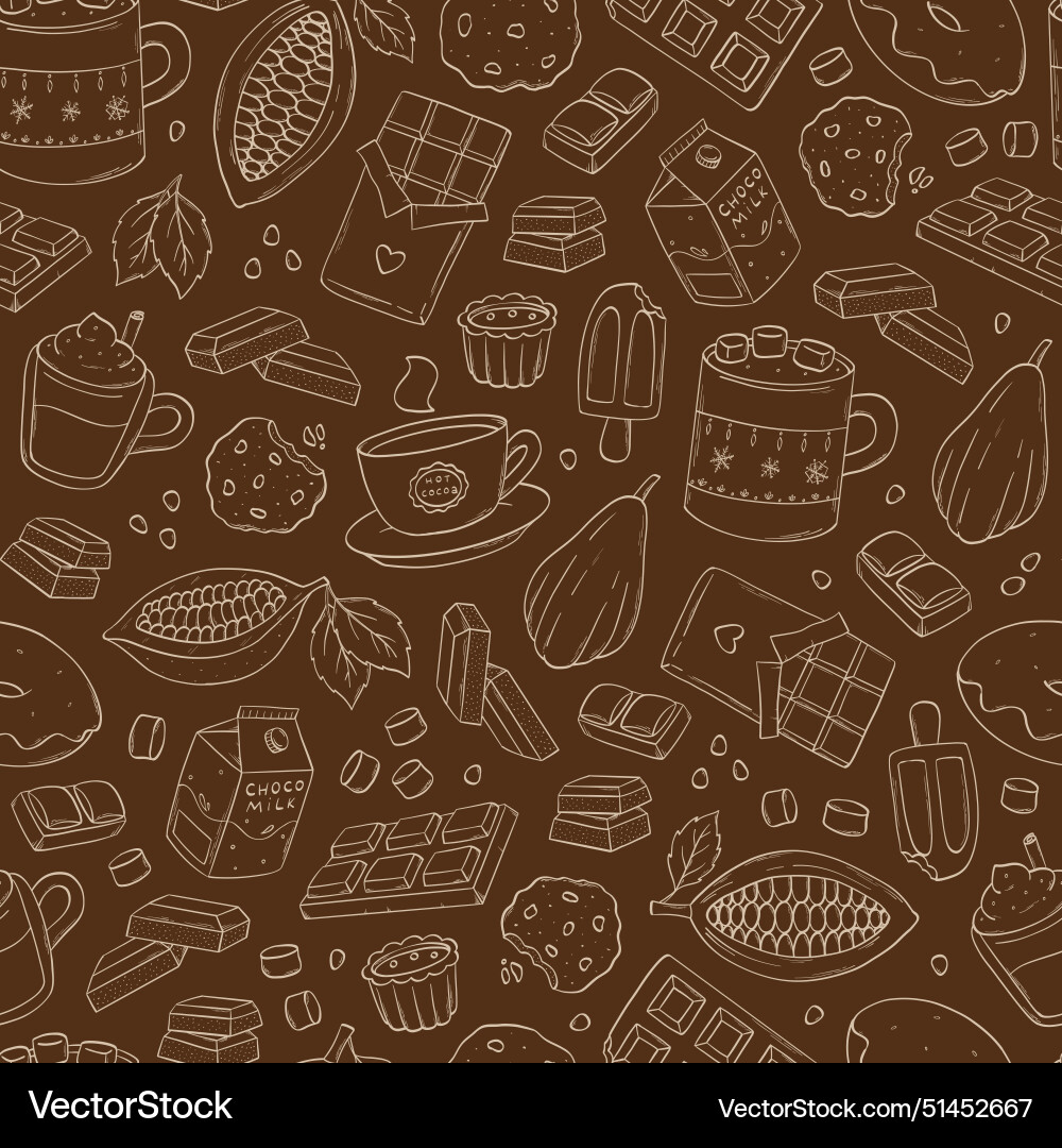 Chocolate and cocoa doodles seamless pattern Chocolate and cocoa doodles seamless pattern vector image