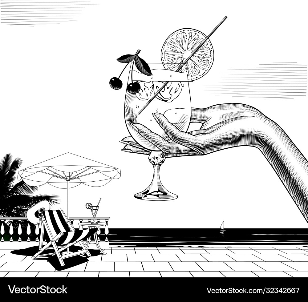 Hand with a glass and white terrace against Hand with a glass and white terrace against vector image