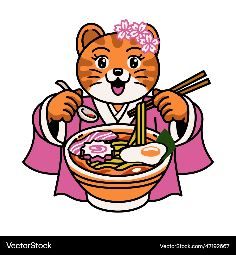 Süße Katze Mädchen im japanischen Kleid Essen Rammen Süße Katze Mädchen im japanischen Kleid Essen Rammen vektorbild