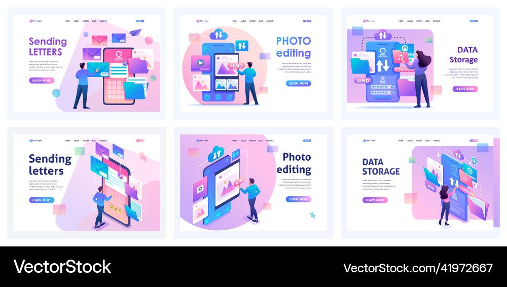 Set of landing pages for working with mobile app Set of landing pages for working with mobile app vector image