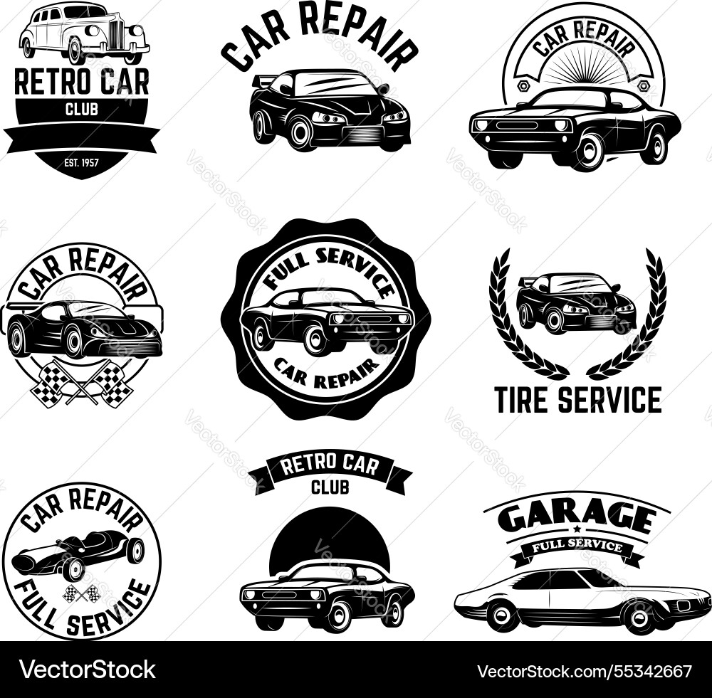 Set of retro car club labels design graphic Set of retro car club labels design graphic Vector Image