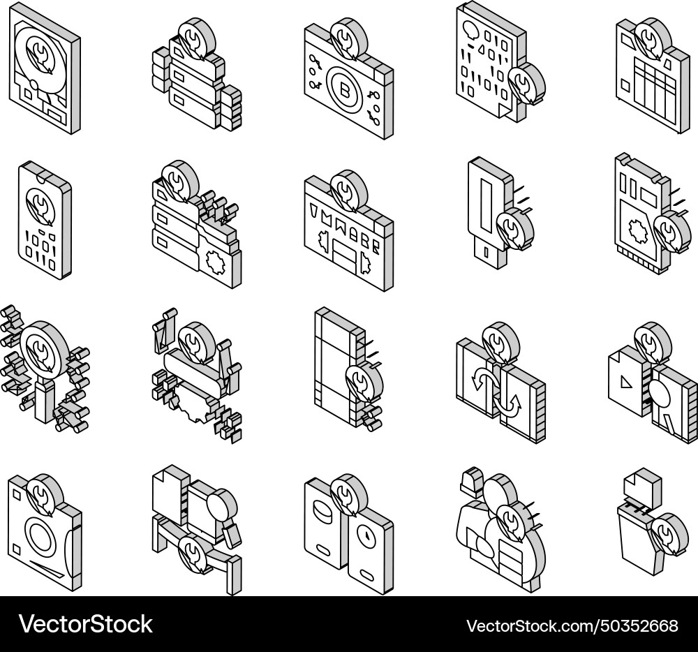 Data recovery computer processing isometric icons Data recovery computer processing isometric icons vector image