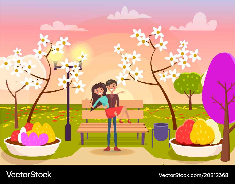 Man with mustache takes girl in his arms garden Man with mustache takes girl in his arms garden vector image