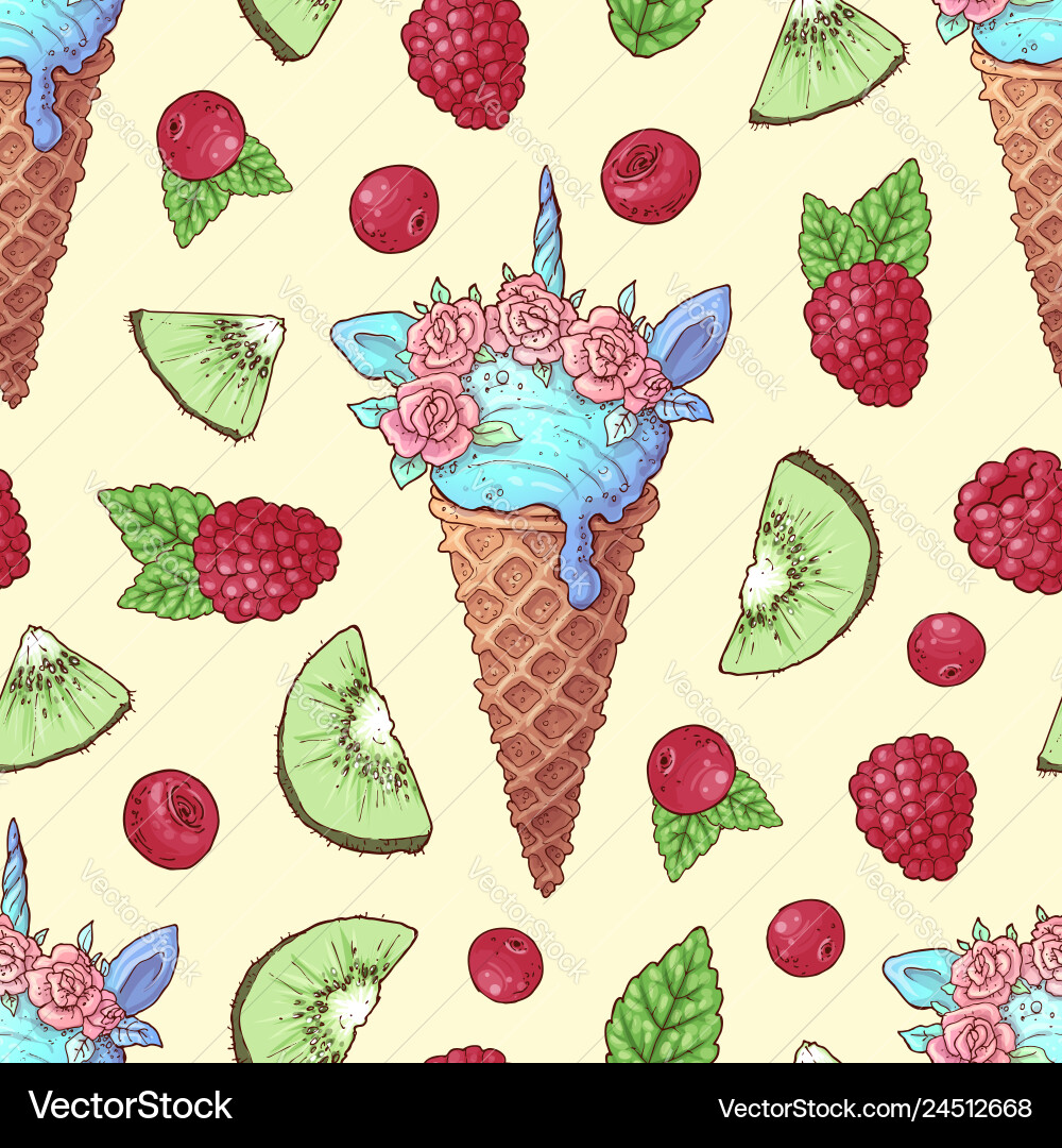 Seamless pattern ice cream kiwi raspberry cherry Seamless pattern ice cream kiwi raspberry cherry Vector Image