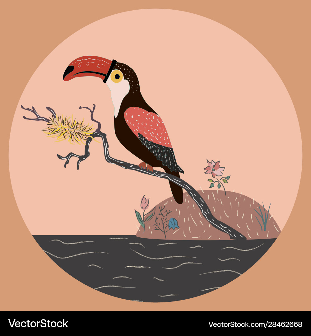 Toucan sitting on a branch with nest over Toucan sitting on a branch with nest over vector image