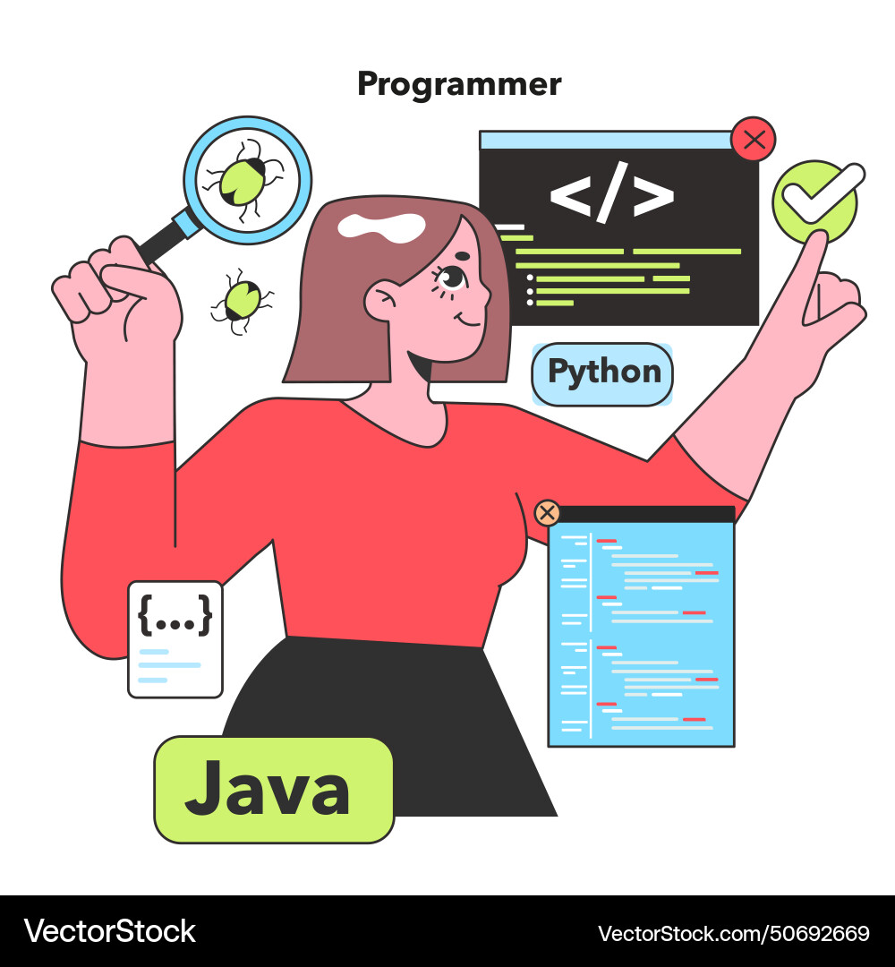 A programmer deftly examines code for bugs A programmer deftly examines code for bugs vector image
