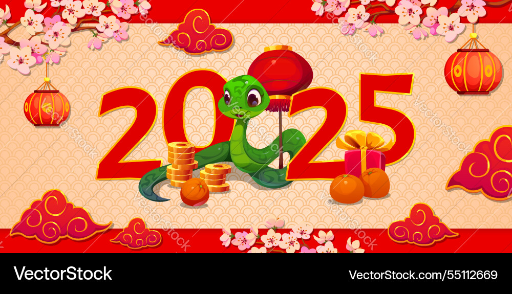 Funny cute green snake with golden coins clouds Funny cute green snake with golden coins clouds vector image