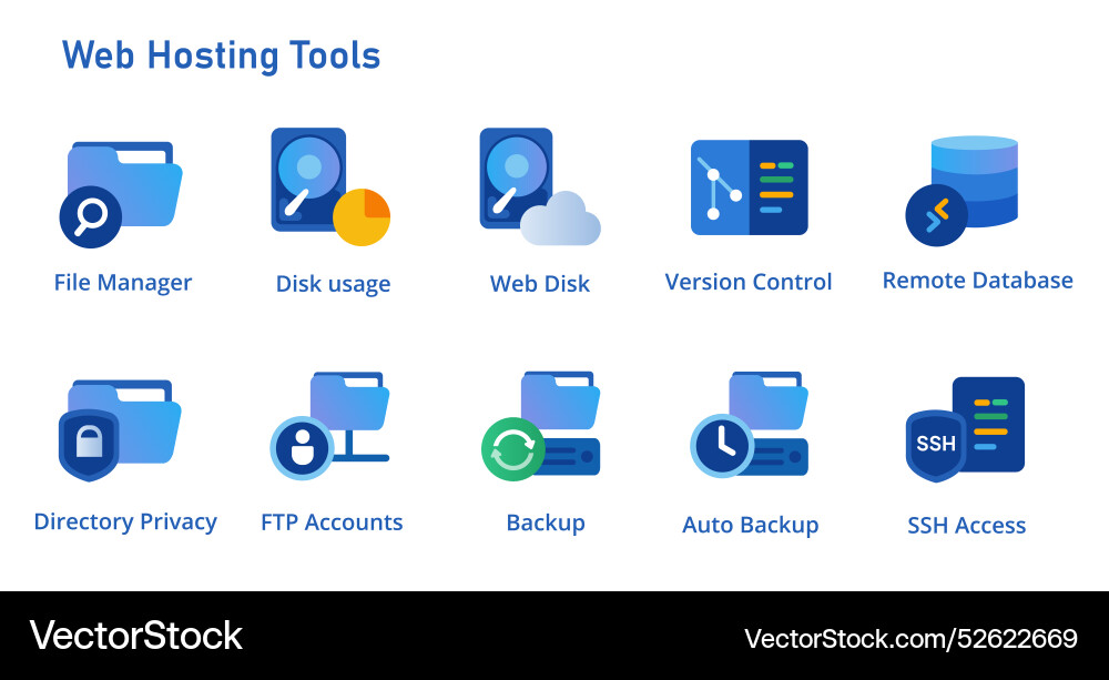 Icon set of web hosting panel tools from disk Vector Image