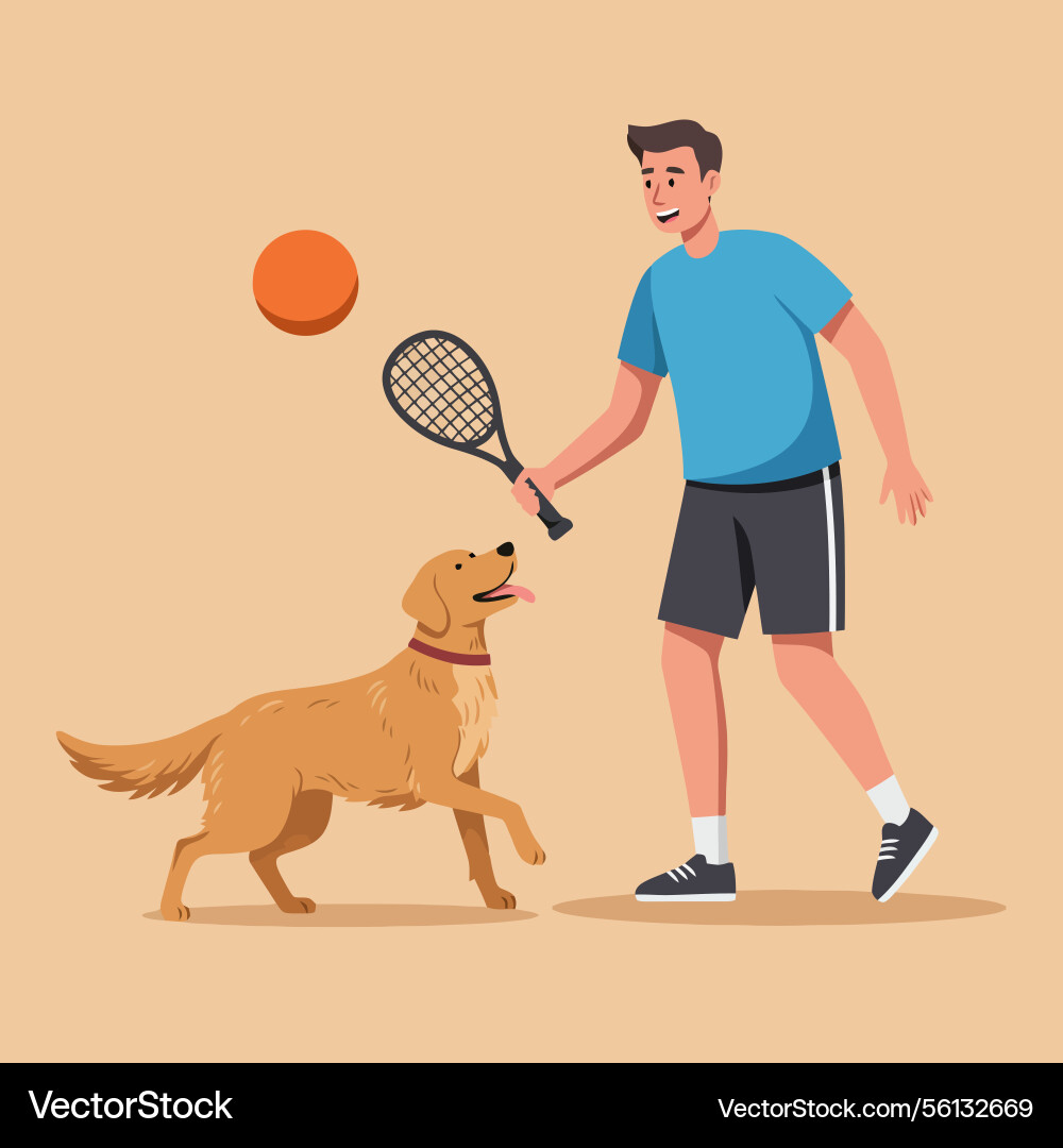 Man playing fetch with dog using tennis racket Man playing fetch with dog using tennis racket Vector Image