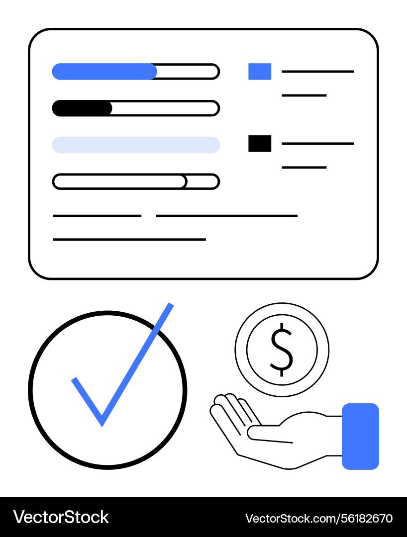 Progress tracker with checkmark hand holding coin Progress tracker with checkmark hand holding coin vector image