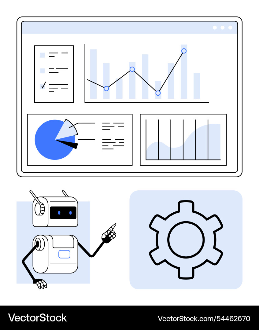 Roboter zeigt auf Analytik Dashboard mit Graphen Roboter zeigt auf Analytik Dashboard mit Graphen Vektorbild