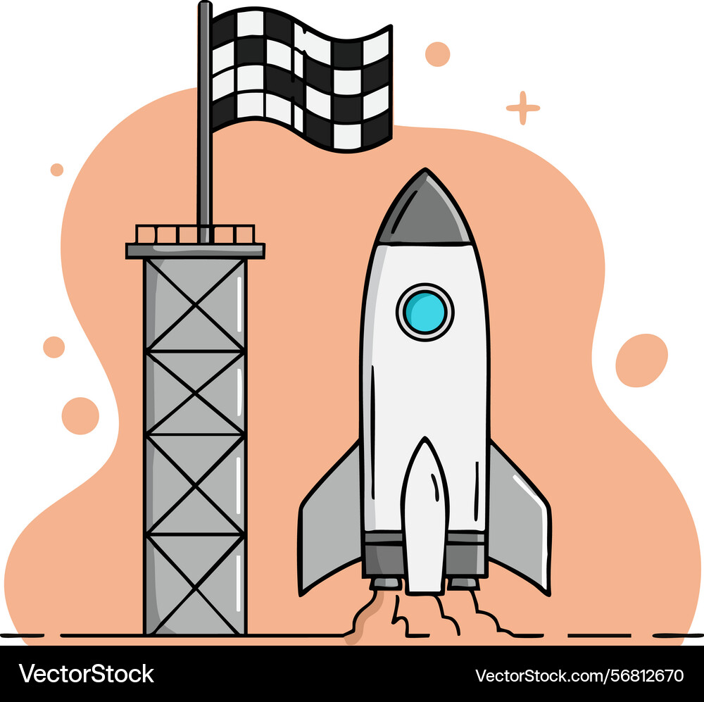Rocket launch with checkered flag tower in simple Rocket launch with checkered flag tower in simple Vector Image