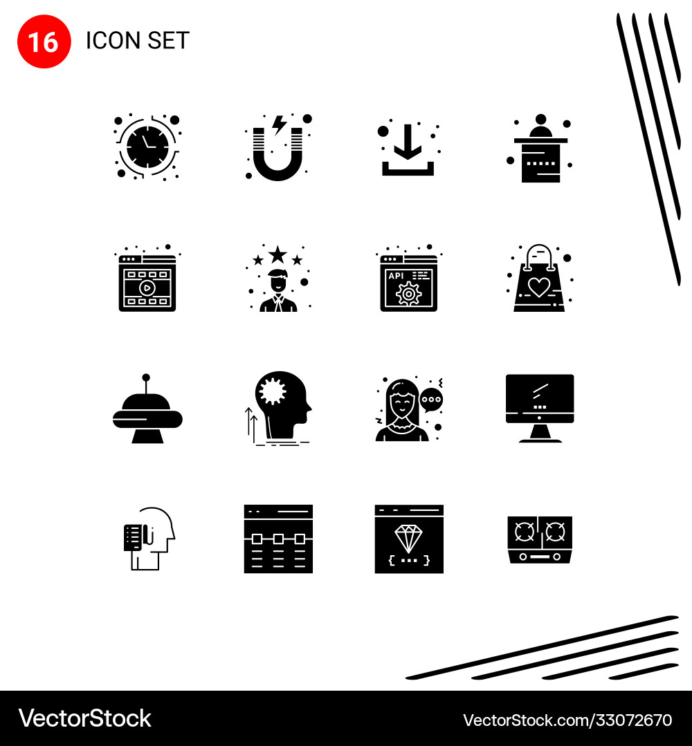 Set 16 solid glyphs on grid for player Vector Image