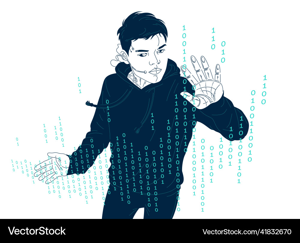 Teenager boy programmer editing digital code Teenager boy programmer editing digital code vector image