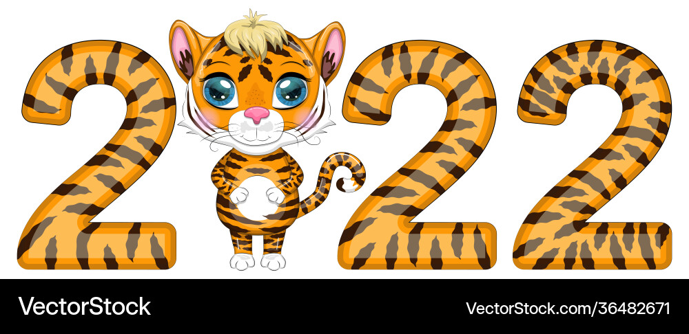 Happy new year lettering and large tiger numbers Happy new year lettering and large tiger numbers vector image