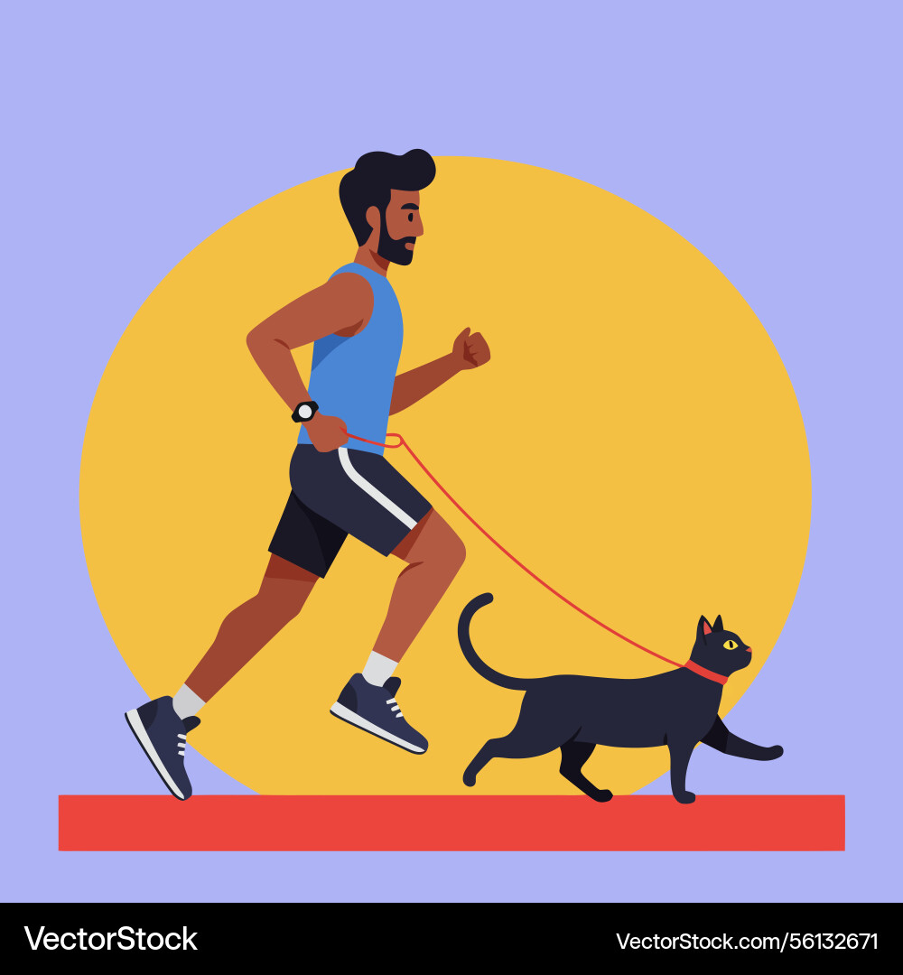 Man running with cat on leash simple lifestyle Vector Image