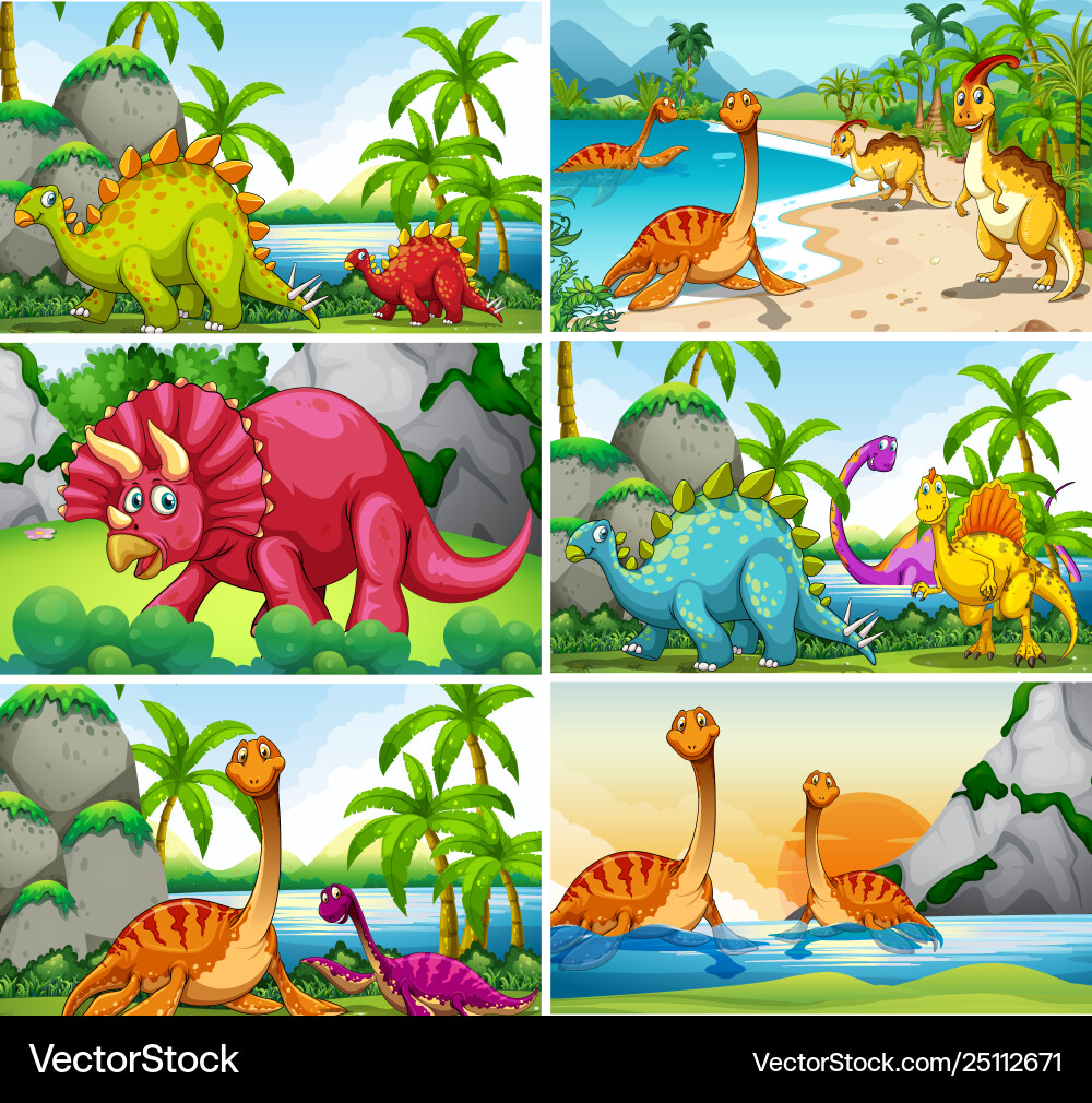 Set dinosaur scenes Royalty Free Vector Image - VectorStock