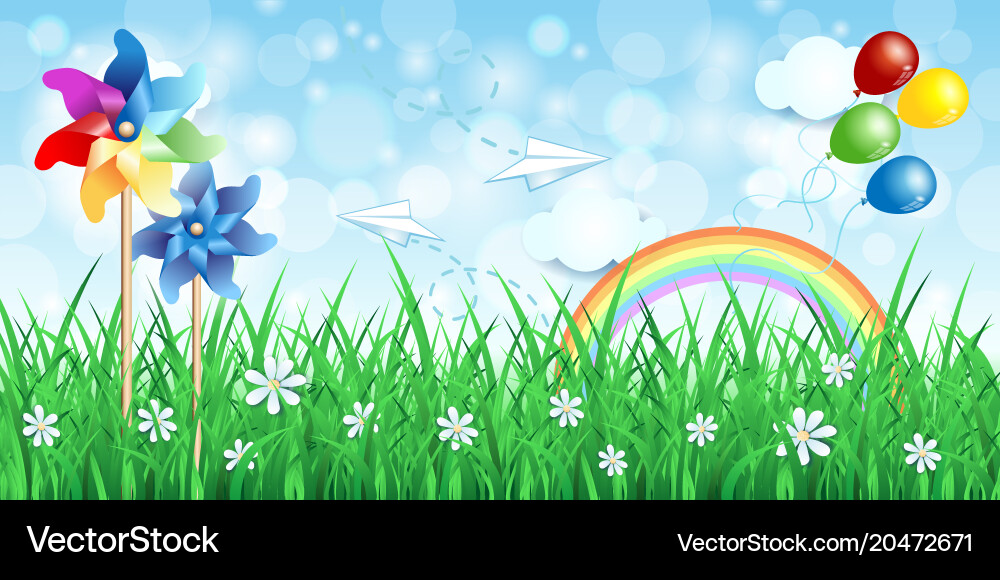 Spring background with pinwheels and rainbow Vector Image