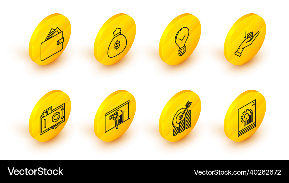 Set line document with graph chart target coin Set line document with graph chart target coin Vector Image