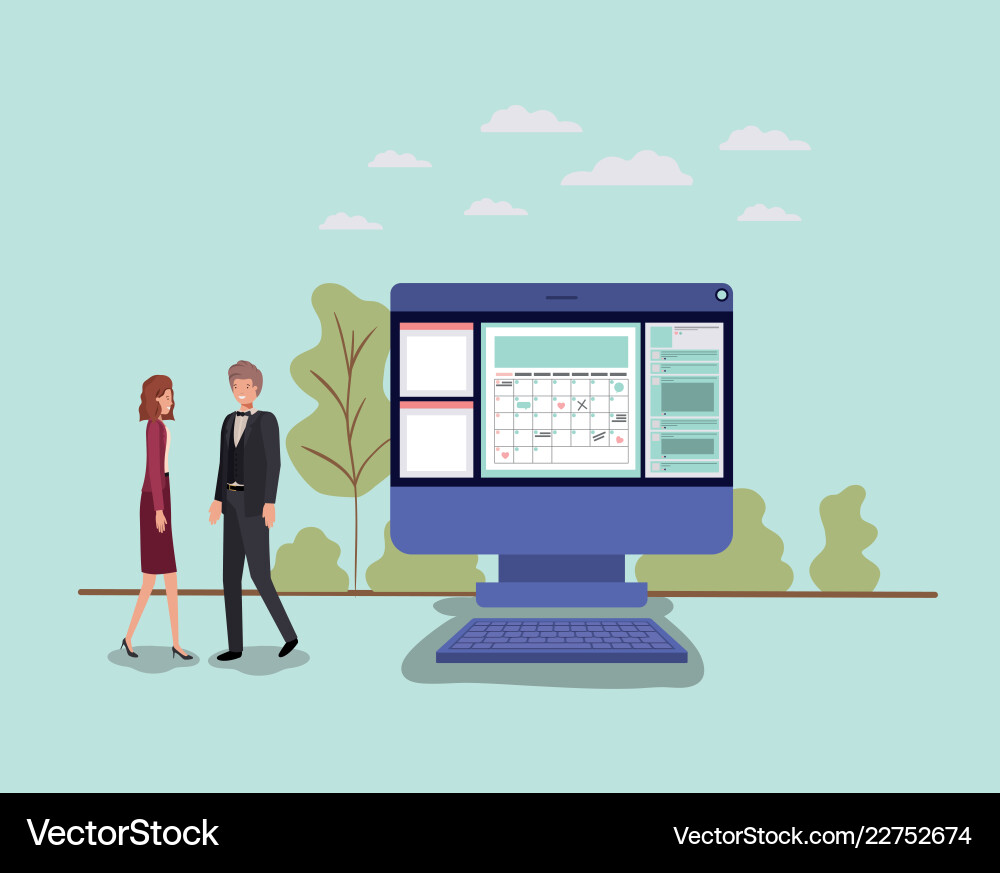Mini people working in computer desktop Mini people working in computer desktop Vector Image