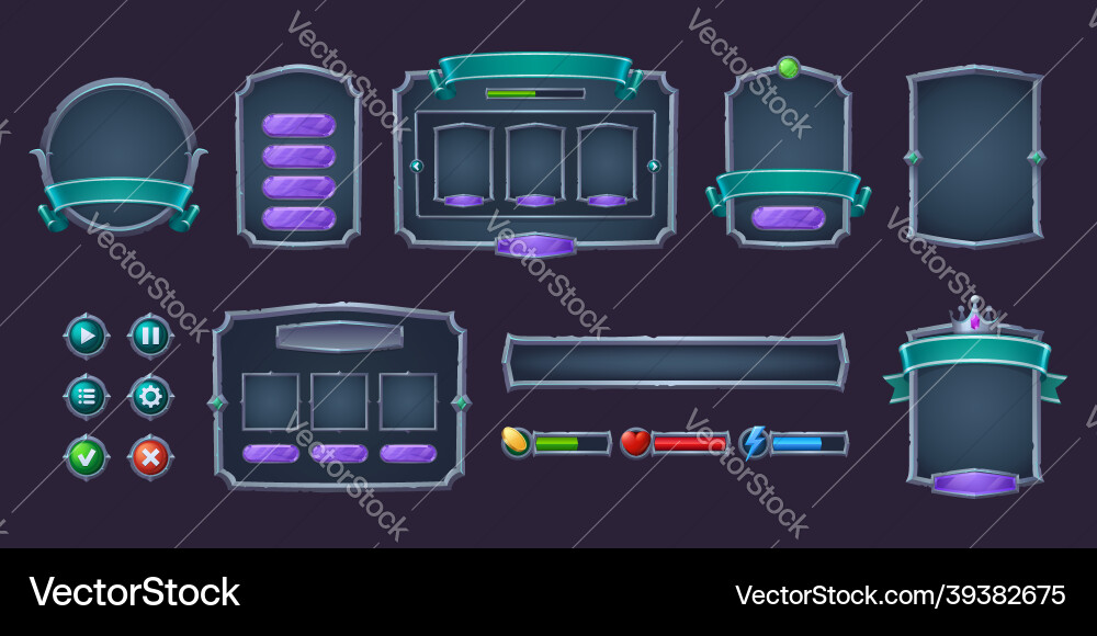 Game buttons and frames with metal border Game buttons and frames with metal border vector image