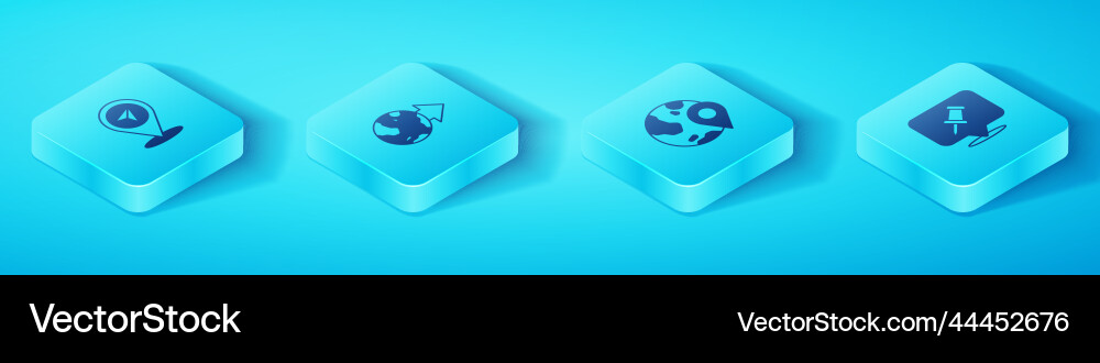 Set isometric map pin location on the globe push Set isometric map pin location on the globe push vector image