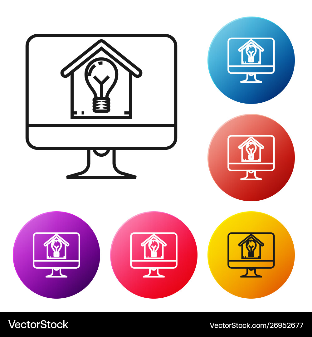 Black line computer monitor with smart house Black line computer monitor with smart house Vector Image