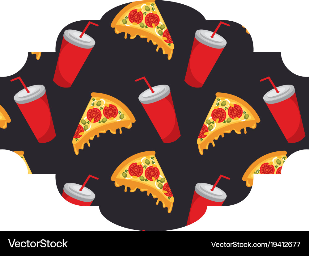 Frame with pizza and soda pattern background Vector Image