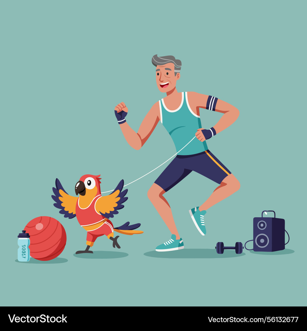 Man running with parrot exercising healthy Man running with parrot exercising healthy Vector Image