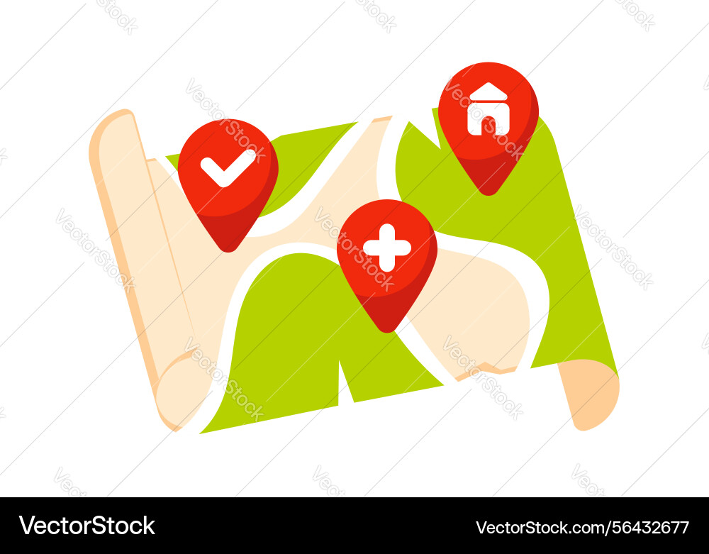 Map with red location pins showing check plus Map with red location pins showing check plus vector image