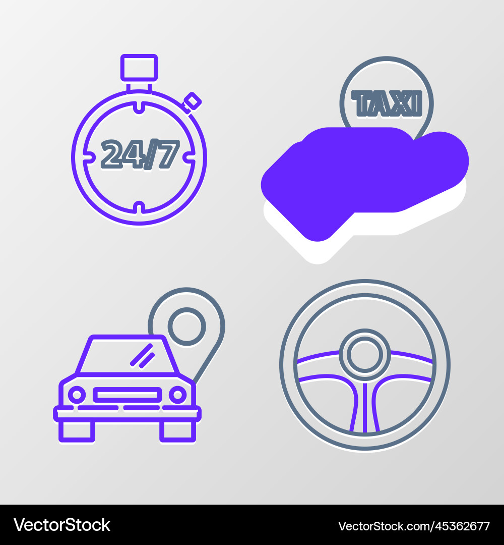 Set line steering wheel map pointer with taxi Set line steering wheel map pointer with taxi vector image