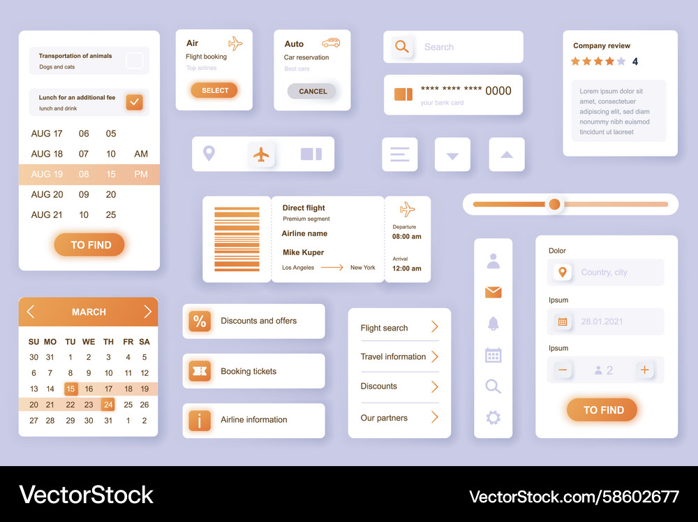 User interface elements set for booking mobile Vector Image