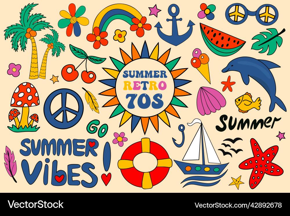 Retro 70s summer vibe hippie stickers groovy Retro 70s summer vibe hippie stickers groovy vector image