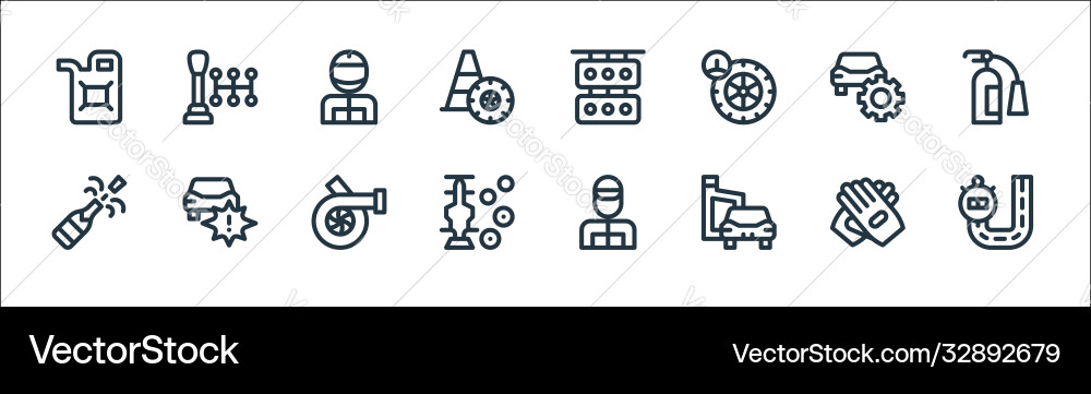 Auto racing line icons linear set quality Auto racing line icons linear set quality vector image
