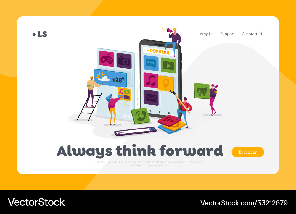 Designers create mobile application landing page Designers create mobile application landing page Vector Image