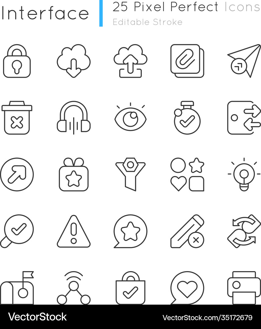 Interface pixel perfect linear icons set Interface pixel perfect linear icons set vector image
