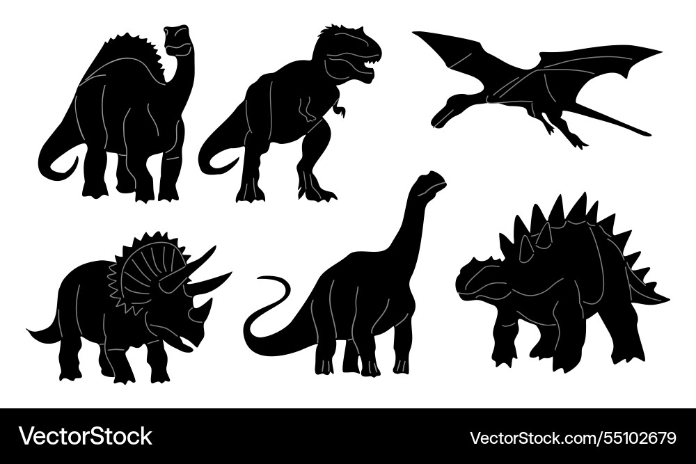 Set of different dinosaurs black silhouette Set of different dinosaurs black silhouette vector image
